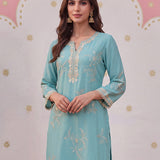 Noor Cyan Blue Aari Embroidered Suit Set