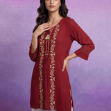 Red  Floral Embroidered Straight Kurti