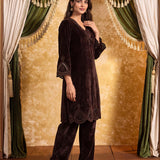 Yashvi Cocoa Brown Embroidered Velvet Kurta Set