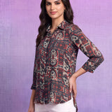 Red Nylon Viscose Straight Kurti with Shirt Collar