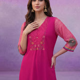 Fuchsia Printed Suit Set with Applique Neckline