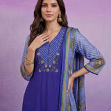 Bright Blue Printed Suit Set with Applique Neckline