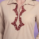 Beige Cotton Slub Applique Dori Work Co-ord Set