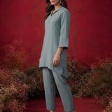 Aqua Teal Embroidered Cotton High-Low Co-Ord Set