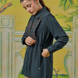 Meher Tropical Teal Thread Embroidered Shirt