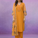 Yellow Printed Suit Set with Applique Neckline