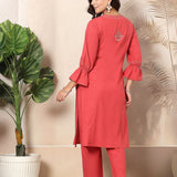 Cotton Blend Floral Embroidered Kurta Trouser Set