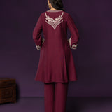 Aarvi Wine Floral Embroidered Suit Set with Dupatta