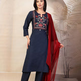Cotton Blend Floral Embroidered Kurta Palazzo Dupatta Set