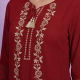 Red  Floral Embroidered Straight Kurti