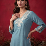 Teal Embroidered Cotton Blend Regular Kurta Set