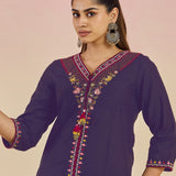 Ibadat Deep Purple Floral Embroidered Rayon V-neck Kurta Set with Pockets