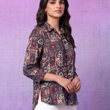 Red Nylon Viscose Straight Kurti with Shirt Collar