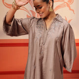 Niya Oak Brown Embroidered Cotton Linen Slub Long Top for Women