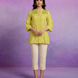 Lemon Cotton Resham Zari Embroidered Puff Sleeve Shirt