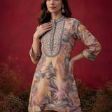 Light Yellow All Over Printed Shantoon A-Line Kurti