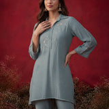 Aqua Teal Embroidered Cotton High-Low Co-Ord Set