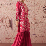 Joy Carmine Red Embroidered Rayon Salwar Suit Set with Dupatta
