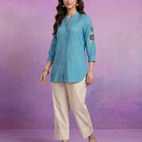 Aqua Cotton Resham Sequin Embroidered Shirt