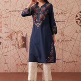 Zahra Royal Blue Embroidered Cotton Slub Kurti for Women