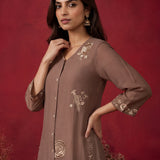 Mushroom Brown Embroidered Mul Chanderi Co-ord Set