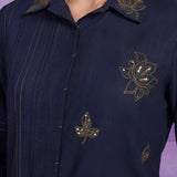 Navy Blue Floral Embroidered Straight Co-ord Set