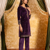 Varnika Royal Purple Embroidered Velvet Kurta Set