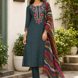 Cotton Blend Embroidered Kurta Trouser Dupatta Set
