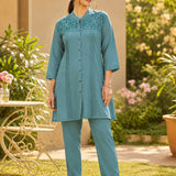 Cotton Blend Embroidered Tunic Trouser Co-Ord Set