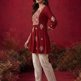 Zari Red Mirror Work Cotton Kurta Set