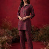 Wine All Over Printed Cotton Straight Co-Ord Set