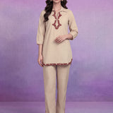 Beige Cotton Slub Applique Dori Work Co-ord Set