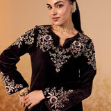 Siya Coffee Brown Embroidered Velvet Corduroy Co Ord Set