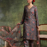 Wool Blend Floral Printed Kurta Trouser Dupatta Set