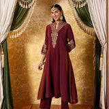 Misha Wine Maroon Embroidered Anarkali Kurta Set