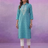 Aqua Blue All-Over Printed Cotton Cambric Straight Kurti