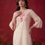 Gulshan Ivory with Fuschia Printed Cotton Linen Kurta for Women