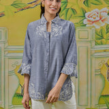 Anaya Stone Blue Embroidered Linen-Textured Shirt