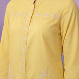 Yellow Embroidered Cotton Slub Relaxed Top