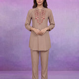 Beige Embroidered Co-ord Set with Raglan Sleeves