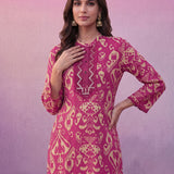Fuchsia Ikat Printed Kurta Set with Dori Embroidery