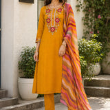Cotton Blend Embroidered Kurta Trouser Dupatta Set
