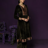 Vedhi Olive Green Embroidered Velvet Suit Set with Brasso Dupatta