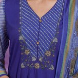 Bright Blue Printed Suit Set with Applique Neckline