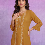 Mustard  Floral Embroidered Straight Kurti