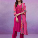 Fuchsia Printed Suit Set with Applique Neckline