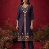 Ibadat Deep Purple Floral Embroidered Rayon V-neck Kurta Set with Pockets