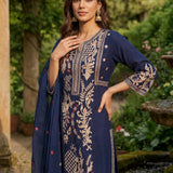 Aarvi Navy Floral Embroidered Suit Set with Dupatta