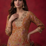 Ivana Mustard Printed Modal Chanderi Straight Kurta for Women