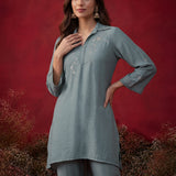 Aqua Teal Embroidered Cotton High-Low Co-Ord Set